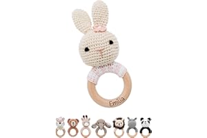 Bärenfreunde® - Personalisierter Beißring Baby - Niedlicher Greifling für Baby's ab 0 Monate - Babyrassel mit Name als Baby Geschenk für Mädchen und Jungen (Hase gestreift rosa,ohne Name)