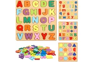 Lotvic Alphabet Puzzle, Wooden Alphabet Puzzle Board for Early Learning, ABC Letters & Numbers & Shapes Board for Toddlers Preschool Kids, Montessori Learning Educational Toys for Boys Girls