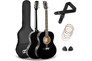 3rd Avenue Pacchetto con chitarra acustica 3rd Avenue di dimensioni standard 4/4 livello beginner, corde in acciaio, custodia da trasporto, plettri e corde di riserva – Nero