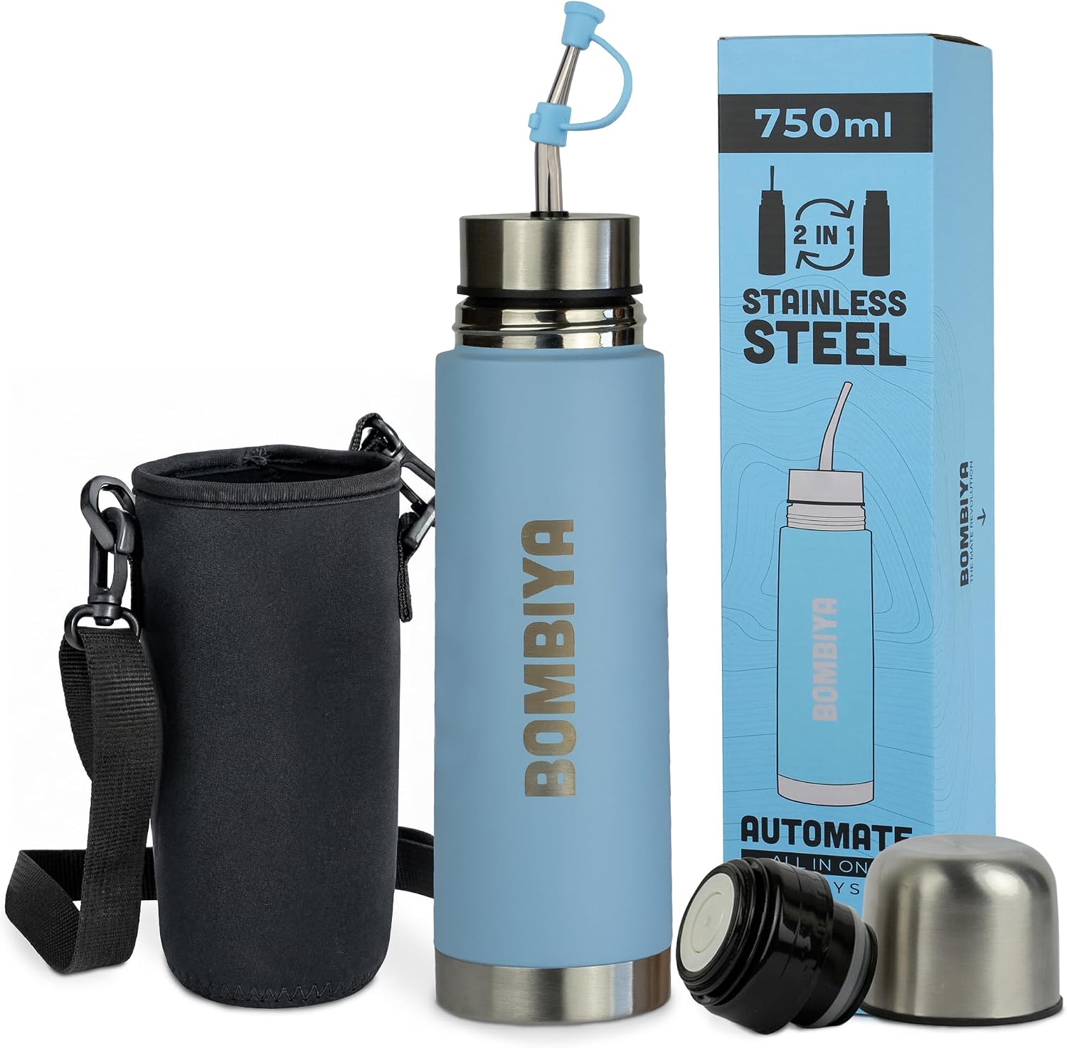 Mate listo 750ml con todas sus partes de acero inoxidable – Termo mate 2 en 1 cambiando su tapa es un termo clásico – Automate para tus mates argentinos o terere (Celeste)