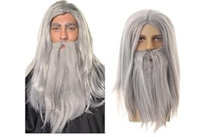 UILYNIU Peluca y larga barba de hechicero mago, peluca gris para hombre y mujer, disfraz de Carnaval y Cosplay adulto
