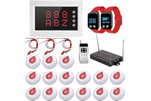 WNKRUN Caregiver Pager System 300m Nursing Alarm Call Button Wireless Calling System with 1 Display Receiver/2 Watches/1 Signal Amplifier/15 Call Buttons for Elderly Patient Nursing Home Nurse Station