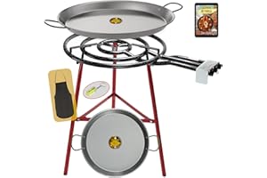 COMBOI - Kit réchaud gaz butane 60 cm, brûleur à paella, poêle à paella de 70 cm + poêle à paella 42 cm, support pieds renforcés, niveau, tablier, livre de recettes numérique
