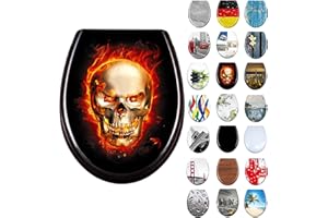 LARS360 Toilettendeckel WC Sitz mit Absenkautomatik aus Duroplast und Edelstahl, Antistatisch Antibakteriell Leicht zu Reinigen Abnehmbar Für Meisten Klodeckel Hänge WC, 45 x 38cm (Schädel Flammen)