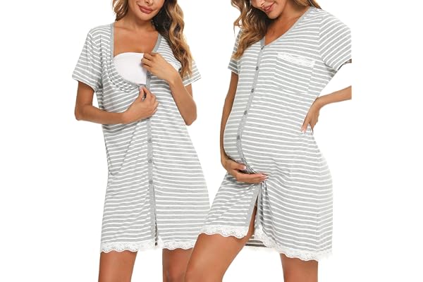 Uniexcosm Chemise Nuit Allaitement Maternité Coton Robe de Nuit Femme Enceinte Col en V Manches Courtes Devant Ouvert Chemise de Nuit Femme Grossesse