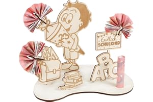 BOFUNX Einschulung Geschenk Holz Endlich Schulkind Geldgeschenk Holz Schulanfang Geschenke für Jungen Einschulung Schulanfang Schulkind Geschenke Glückwunschkarte Schuleinführung Tischdeko