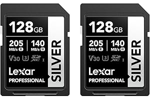 Lexar Professional SILVER SD Card 128GB 2-Pack, Up to 205MB/s Read, 140MB/s Write, SDXC UHS-I Memory Card, Class 10, U3, V30, SD Card for Professional Photographers, Videographers, Enthusiasts