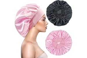 EUXINDUO 2 Stücke Satin Schlafmütze Bonnet Haarhaube Lockenhaube Zum Schlafen,Haarhaube für Die Nacht Vergrößerte Hoch Elastische Breite Krempe Weiche Weibliche Satin Haube Schlafen