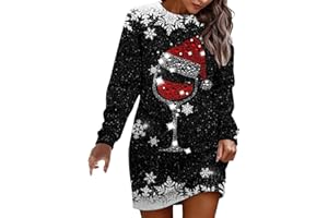 GENERIC Womens Oversized Sweatshirt Dress Long Sleeve Crew Neck Christmas Sparkle Dress Xmas Wine Glass Printed Dresses Long Tops to Wear with Leggings Going Out Casual Crew Neck Midi Dress Party Costumes