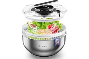 KISEELY Essoreuse à salade en acier inoxydable, grande essoreuse à légumes facile à presser, essoreuse à fruits de 4,2 litres avec bol en acier inoxydable 304 pour laitue, légumes, herbes et baies (FB1)