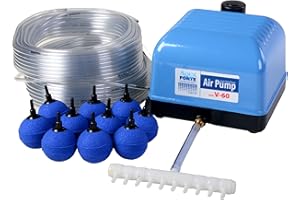 Kit de bomba de aire AquaForte Hi-Flow V-60, kit completo con distribuidores de aire, 50 m de manguera de 4 x 6 mm y 10 piedras de aire de 5 cm, capacidad a 2 m de 40 l/m, estanque máximo 36 m3