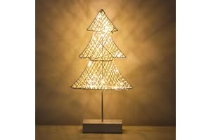 Lewondr Table Lamp, Battery Powered Tree Shape Bedside Light Desk Lamp LED Christmas Decorative Lamp Winding Iron Frame Plastic Base Warm White Bright Light Home Bedroom Romantic Decoration - White
