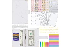 A6 Binder Budget, MARICATO 29-Stück Budget Planner, 6 Löcher Loseblatt Notizbuch Geld Organizer mit Budgetblättern/Binder kartentaschen/Aufklebern/Bunte Indexetiketten/Lineal, für Arbeit-Marmor Weiß