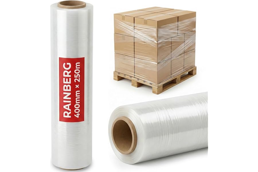 Rainberg Strong Heavy-Duty Stretch Film for Pallet Wrapping, Packaging, and Moving for Furniture, Luggage, and Parcels, Water & Moisture Proof Pallet Stretch Shrink Wrap rolls 400mm x 250m (Clear, 1)