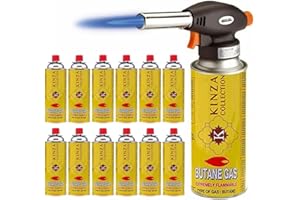 Kinza Collection - Blowtorch Head + 12 Butane Gas Canisters Included - Cooking DIY Plumbing BBQ & Weed Flame Brazing Fire Blow Torch Head + EN417 Compliant Butane Gas Bottle (Blowtorch + 12 Bottle)