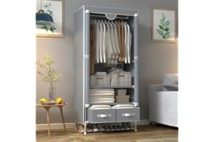Anmas Power Portable Canvas Wardrobe with 2 Drawers, Portable Closet with Hanging Rail and Wardrobe Shelves, 75x45x170cm Wardrobe for Bedroom, Grey