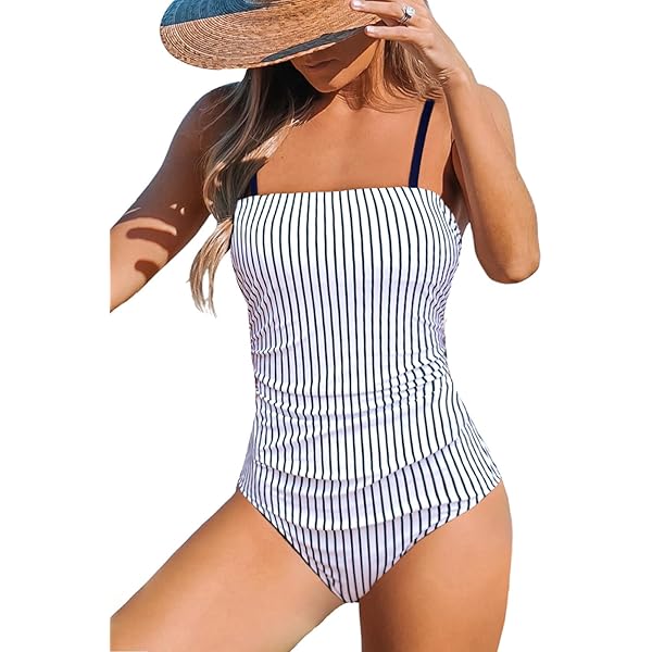Maillot De Bain Femme 1 Pieces Bandeau Sans Bretelles Bikini, Le Contrôle Du Ventre Amovibles Et Réglables Amincissante Slim Elégant Vintage Ruché Effet Rembourré Swimsuit
