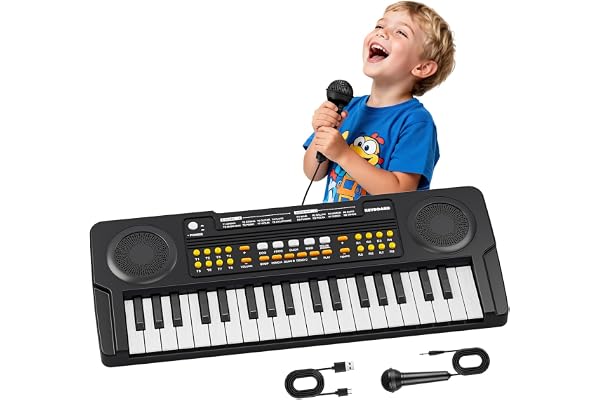 Jouet Clavier Piano Enfants 37 Touches Clavier Électronique Portable avec Microphone Jouet Musical Éducatif et Cadeau pour Garçons Filles de 3 4 5 6 7 Ans (Noir)