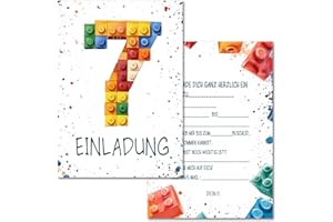 Vielucks 15 x Bausteine Einladungskarten - DIN A6 - Original - mit Aufkleber,Blocks Einladungskarten Kindergeburtstag Mädchen Junge,Geburtstagseinladungen,Party deko,Einladung Einschulung (7 Jahre)