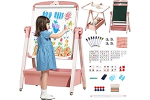 Chidiam Lavagna per Bambini Cavalletto con Rotolo di Carta Pittura in Regolabile Altezza 3 in 1 Doppia Faccia Tavolo da Disegno Pieghevole, Lavagna Bianca Girevole a 360° con Lettere e Numeri 3+ Anni