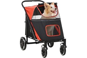 PawHut Dog Stroller, Foldable Pet Pram Dog Pushchair Buggy with Adjustable Canopy for Medium and Large Breeds, Red