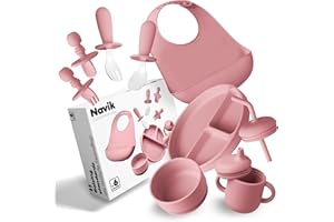 Navik | set pappa svezzamento da 10 pezzi | piatto con ventosa per bambini | bicchiere bambino con cannuccia | ciotola e posate in silicone | Rosa