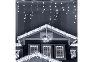 ANSIO® Outdoor Christmas Lights 220 LED 7.5m/24ft Icicle Lights Outdoor & Indoor Cool White Decorations String Fairy Outside Lights with Timer for Xmas Garden Bedroom & Party|Mains Powered White Cable