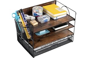 ZNMYDMT 4-stufiger Schreibtisch-Organizer und Zubehör, Papier-Briefablage-Organizer, Vintage-Holz-Schreibtisch-Akten-Organizer mit Schublade und 2 Stifthaltern für Schule, Zuhause, Bürobedarf