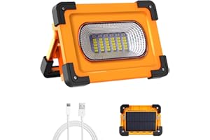 Projecteur LED Rechargeable, T-SUN 60W 4 Modes Projecteur LED Chantier, Lampe de Travail Portable avec Batterie Rechargeable & Panneau Solaire, Lumière d'Urgence, pour Camping, Bricolage