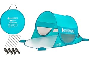 Outtec Selbstfaltendes Zelt, Pop Up Strandmuschel mit Sandtaschen, Leicht zu Tragen Gartenmuschel mit 50 UV Schutz, Wasserdicht Windschutz, Sonnenschutz, Türkis 195x120