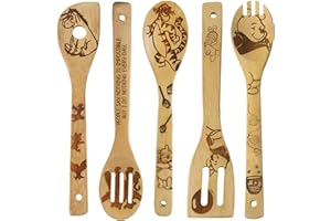 FUTERLY Lot de 5 cuillères en bois pour la cuisine, motif ours de dessin animé, cuillère et spatule en bois brûlé, ustensiles de cuisine mignons et pratiques pour femme, cadeau de pendaison de crémaillère