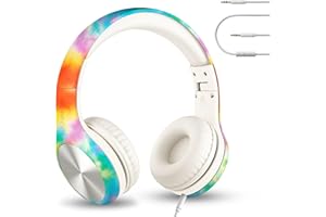 LilGadgets Connect+ Pro Schulkopfhörer für Mädchen sind EIN faltbares Over-Ear-Headset mit einem Inline-Mikrofon und einem Batik-Regenbogen-Farbschema für den Komfort von Kindern.