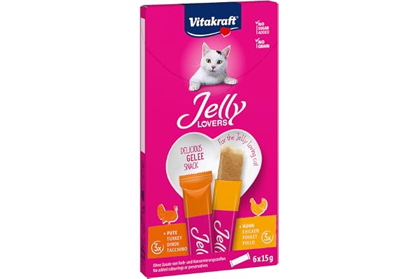Vitakraft Jelly Lovers, friandises pour chats, snack gélifié au poulet et dinde, sticks individuels, sans sucre ajouté (1 paquet 6x 15g)