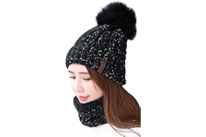 GENERIC Damen Wintermütze Schal Set,Warm Weichem Innenfutter Strickmütze und Schal mit Fleecefutter,Winter Wärme Beanie Mütze Strickschal Set,Schlauchschal Hüte Mützen mit Kunstpelz Bommel Pom