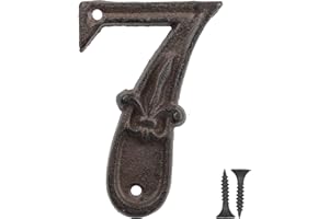 Vandicka Numero Civico in Ghisa 7, Numero Porta Esterno, Numero Indirizzo - Finitura Marrone Ruggine in Stile Country con Goffratura Fleur de Lis, Viti Abbinate Incluse, Altezza 111 mm