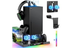 MENEEA Upgraded RGB Cooling Fan Charging Station for Xbox Series X Console & Controller, Wireless Dual Charger Dock Cooler System Stand with 15 Colorful Light Modes Accessories Storage, Black
