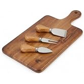 AmberHaus 4 Par&ccedil;a Akasya Ahşap Peynir Sunum Seti ve Bı&ccedil;ak Takımı - 29x18 cm Şark&uuml;teri ve İkramlık Tahtası - Paslanmaz &Ccedil;elik P