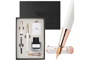 Wordsworth & Black Ensemble de Stylos Plume, Plume Moyenne et Extra Fine Dorée 18K, Bouteille d’Encre Noire 25ML,6 Cartouches,Convertisseur,Boîte Cadeau–[Blanc Or Rose],Coffret pour Hommes et Femmes.