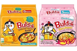 GENERIC Buldaak Hot Chicken Cheese Flavour 140g (Pack of 5) & Buldaak Carbonara 130g (Pack of 5) – Korean Spicy Noodle Combo Pack | Halal Certified | Instant Ramen Variety Duo