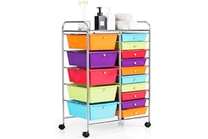 ‎GOPLUS GOPLUS Rollwagen mit 15 stapelbaren Schubladen, Schubladenwagen Farbewahl, Beistellwagen Haushaltswagen Rollcontainer Badrollwagen Badtrolley Badregal (Bunt 1)