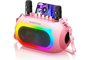 SUDOTACK Máquina de karaoke con 2 micrófonos inalámbricos, caja de altavoz Bluetooth con ajuste de graves/agudos, para fiestas, exteriores, bodas, iglesia, picnic, regalo, adultos/niños, rosa