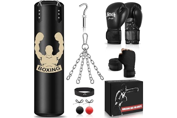 NZQXJXZ Sac de Frappe Suspendu 120cm - Équipement d'Entraînement de Boxe Non-Rempli avec Balle Réflexe, Gants MMA, Bracelet - Set pour Karaté, Kickboxing, Muay Thai