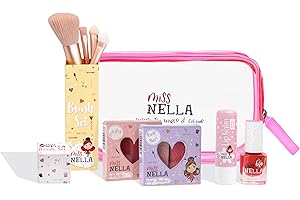 MISS NELLA FESTIVE PICKS Non-Toxic Kids Makeup & Nail Polish Gift Set – Includes Blush, Eyeshadow Duo, Lip Balm, Peel-Off Varnishe, Brush Set & Pink Makeup Bag – Hypoallergenic & Odour-Free
