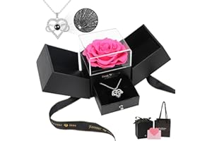 WELTRXE Rose Préservée avec Coffret à Bijoux, Collier de Cœur, Vraie Rose Cadeau, Fleur Eternelle pour Amoureux, Femme, Anniversaire, Saint-Valentin, Fête des Mères