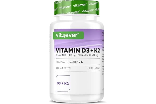 Vitamine D3 + K2 MK-7-180 Comprimés - 20.000 U.I. (500µg) Vitamine D3 & 200µg K2 par Comprimé - Matière Première Premium: 99,7+% All-Trans - Haute Pureté - Forte Dose - Végétarien