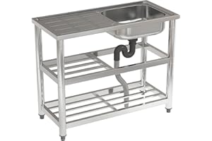 FIDOOVIVIA Commercial Restaurant Sink, Stainless Steel Kitchen With Double Storage Shelf, Single Bowl Catering With Drain & Tap Hole, Garage for Home 98x45x80cm (No Tap)