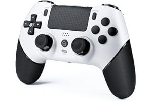 CHEREEKI Manette pour PS4 avec Bluetooth, Manette Sans Fil PS4 avec Joystick Hall/Macro Bouton Programmation/Turbo/Double Vibration/Haut-Parleurs et Prise Casque, 1000mAh, Blanc