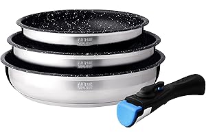 Arthur Martin AM9728 Set de 3 poêles avec revêtement anti adhérent Acier Inoxydable Poignée amovible Tous feux dont induction
