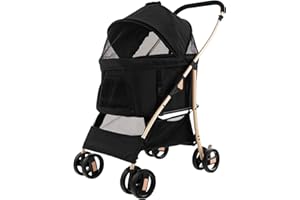 Maxmass Pet Stroller, Folding Dogs Travel Carrier with Wheels, Brake, 4-Level Adjustable Canopy & Storage Basket, Pet Travel Carriage for Small & Medium Sized Dogs Cats (Black+Gold)