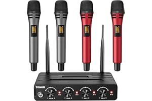TONOR Mikrofon Kabellos Set mit 4x5 Kanälen Funkmikrofon Handmikrofon drahtlos, Wireless Microphones dynamisch mit Empfänger 60m Reichweite, stabilen Signalübertragung für Karaoke Gesang Party, Rot